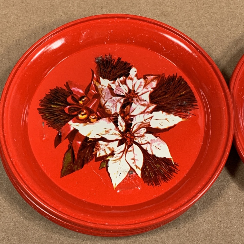 Vintage Christmas Coasters Set of 8 Red Holiday Poinsettia Candle Decor 1970s - Picture 9 of 11